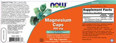 Photo of the NOW Magnesium Caps 400 mg label