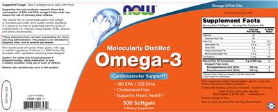 Photo of the NOW Molecularly Distilled Omega-3 label