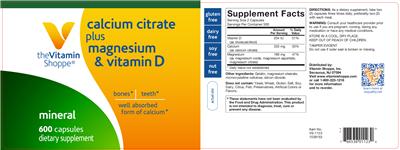 Photo of the The Vitamin Shoppe Calcium Citrate Plus Magnesium & Vitamin D label