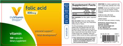 Photo of the The Vitamin Shoppe Folic Acid 800 mcg label