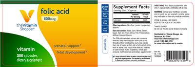 Photo of the The Vitamin Shoppe Folic Acid 800 mcg label