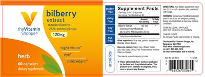 Photo of the The Vitamin Shoppe Bilberry Extract 120 mg label
