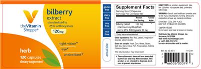 Photo of the The Vitamin Shoppe Bilberry Extract 120 mg label
