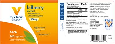 Photo of the The Vitamin Shoppe Bilberry Extract 120 mg label