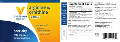 Photo of the The Vitamin Shoppe Arginine & Ornithine 2000 mg label