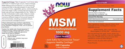 Photo of the NOW MSM Methylsulfonylmethane 1000 mg label