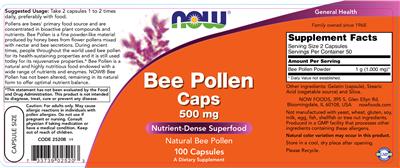 Photo of the NOW Bee Pollen Caps 500 mg label