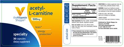 Photo of the The Vitamin Shoppe Acetyl-L-Carnitine 500 mg label