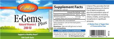 Photo of the Carlson E-Gems Plus 200 IU label