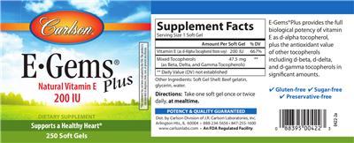 Photo of the Carlson E-Gems Plus 200 IU label