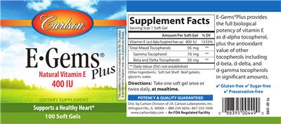 Photo of the Carlson E-Gems Plus 400 IU label
