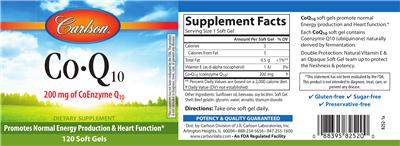 Photo of the Carlson Co-Q10 200 mg label