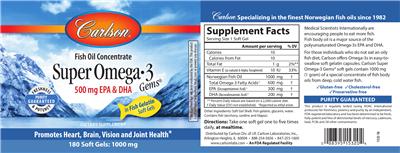 Photo of the Carlson Super Omega-3 Gems label