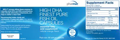 Photo of the Pharmax High DHA Finest Pure Fish Oil Capsules Natural Orange Flavor label