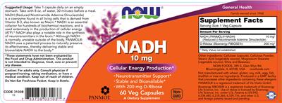 Photo of the NOW NADH 10 mg label
