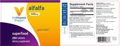 Photo of the The Vitamin Shoppe Alfalfa 500 mg label