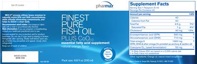 Photo of the Pharmax Finest Pure Fish Oil Plus CoQ10 Natural Orange Flavor label