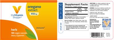 Photo of the The Vitamin Shoppe Oregano Extract 450 mg label