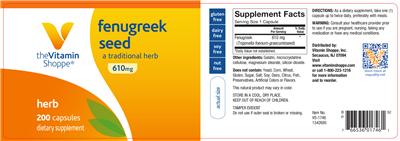 Photo of the The Vitamin Shoppe Fenugreek Seed 610 mg label