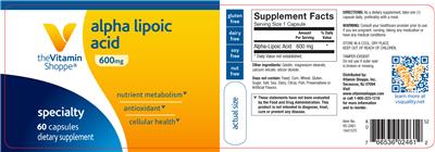 Photo of the The Vitamin Shoppe Alpha Lipoic Acid 600 mg label