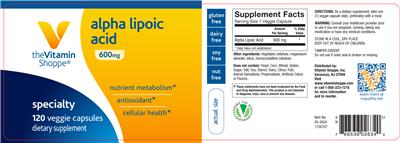 Photo of the The Vitamin Shoppe Alpha Lipoic Acid 600 mg label