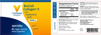 Photo of the The Vitamin Shoppe BioCell Collagen II With Hyaluronic Acid 1000 mg label