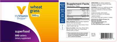 Photo of the The Vitamin Shoppe Wheat Grass 500 mg label