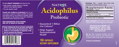 Photo of the Natrol Acidophilus label