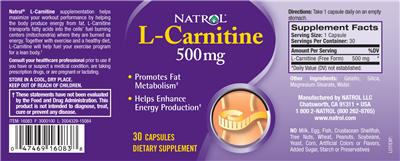 Photo of the Natrol L-Carnitine 500 mg label