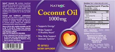 Photo of the Natrol Coconut Oil 1000 mg label