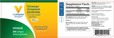 Photo of the The Vitamin Shoppe Chromax Chromium Picolinate 200 mcg label
