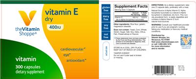 Photo of the The Vitamin Shoppe Vitamin E Dry 400 IU label