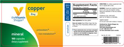 Photo of the The Vitamin Shoppe Copper 2 mg label