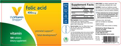 Photo of the The Vitamin Shoppe Folic Acid 400 mcg label