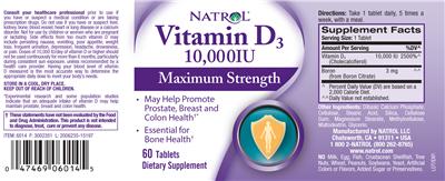 Photo of the Natrol Vitamin D3 10,000 IU label