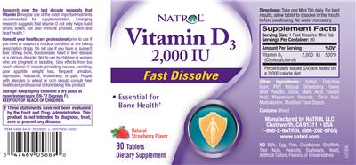 Photo of the Natrol Vitamin D3 2,000 IU Natural Strawberry Flavor label