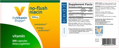 Photo of the The Vitamin Shoppe No-Flush Niacin 500 mg label