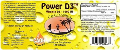 Photo of the California Academy of Health Power D3 Vitamin D3 - 1000 IU label