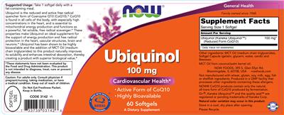 Photo of the NOW Ubiquinol 100 mg label