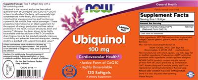 Photo of the NOW Ubiquinol 100 mg label