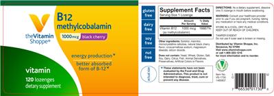 Photo of the The Vitamin Shoppe B12 Methylcobalamin 1000 mcg Black Cherry label