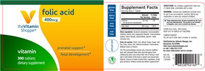 Photo of the The Vitamin Shoppe Folic Acid 400 mcg label