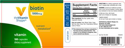 Photo of the The Vitamin Shoppe Biotin 1000 mcg label