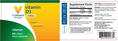 Photo of the The Vitamin Shoppe Vitamin D3 1000 IU label