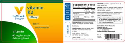 Photo of the The Vitamin Shoppe Vitamin K2 100 mcg label