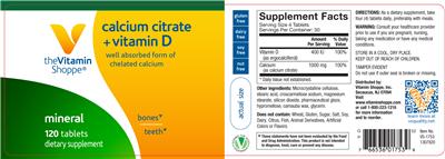 Photo of the The Vitamin Shoppe Calcium Citrate + Vitamin D label