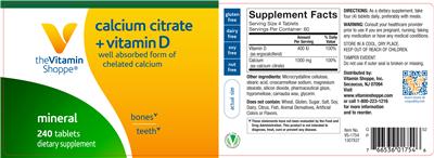 Photo of the The Vitamin Shoppe Calcium Citrate + Vitamin D label
