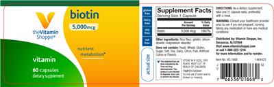 Photo of the The Vitamin Shoppe Biotin 5,000 mcg label