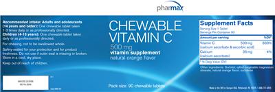 Photo of the Pharmax Chewable Vitamin C 500 mg Natural Orange Flavor label
