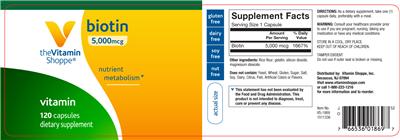 Photo of the The Vitamin Shoppe Biotin 5,000 mcg label